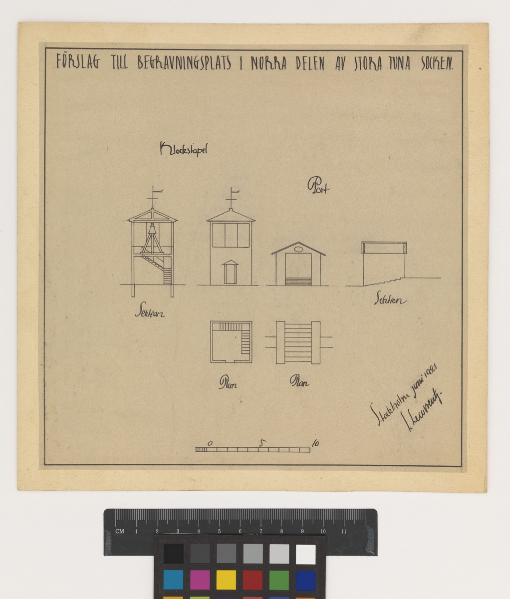 Begravningsplats och kapell i Kvarnsveden
Klockstapel. Plan, fasad, sektion