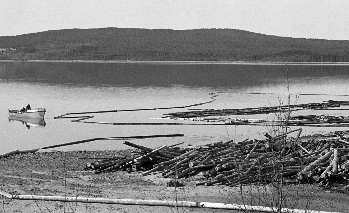 Lenselegging ved Osmundsand i nordenden av Osensjøen, den delen av innsjøen som ligger i Åmot kommune i Hedmark. Dette er et gammelt lensested, for her renner den om lag 6 mil lange elva Nordre Osa ut med fløtingsvirke fra nordenforliggende skogsterreng. I 1984, da dette fotografiet ble tatt, var det om lag 15 år siden det hadde gått tømmer på Nordre Osa. Osmundsand ble fortsatt brukt som velteplass for lastebiltransportert slipvirke fra omkringliggende skoger. Da våren kom og isen på innsjøen smeltet, skulle tømmeret slås ut i vannet ved hjelp av en hjullaster. Løstømmeret ble holdt samlet i strandsonen ved hjelp av ei lense som var forankret på land. Tømmer fra denne landlensa skulle etter hvert fordeles på «bommer», ringer av sammenkjedete tømmerstokker som fungerte som flytende rammer for løstømmeret når det skulle bukseres over innsjøen mot Valmen og elva Søndre Osas utløp fra Osensjøen. På dette fotografiet ser vi en av Glomma fellesfløtingsforenings varpebåter i Osen (til venstre) og ei lense på det blanke vannspeilet som antakelig skulle brukes i en ringbom.