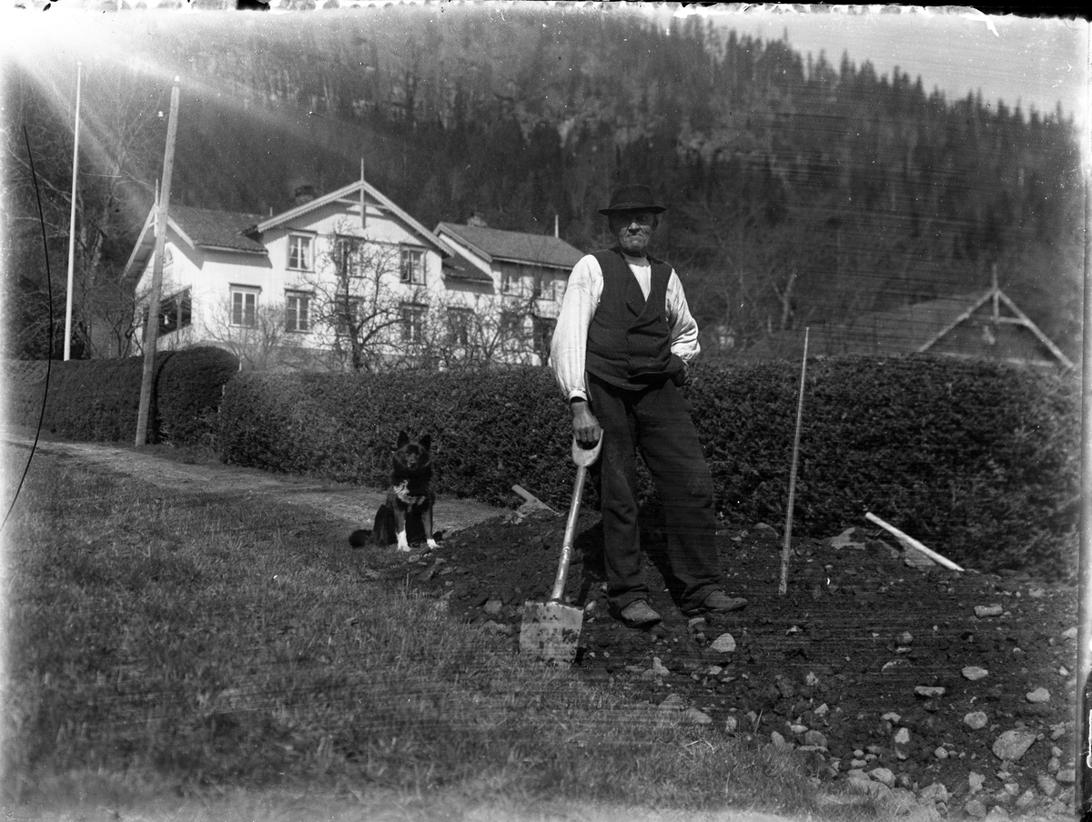 Fotosamling etter Bendik Ketilson Taraldlien (1863-1951) Fyresdal. Gårdbruker, fotograf og skogbruksmann. Fotosamlingen etter fotograf Taraldlien dokumenterer områdene Fyresdal og omegn. 
Portrett av Ånund Aasen som kaster grøft nede i hagen på Taraldlien.