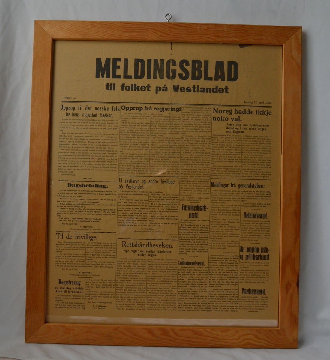 Innrammet meldingsblad fra 17. april 1940.