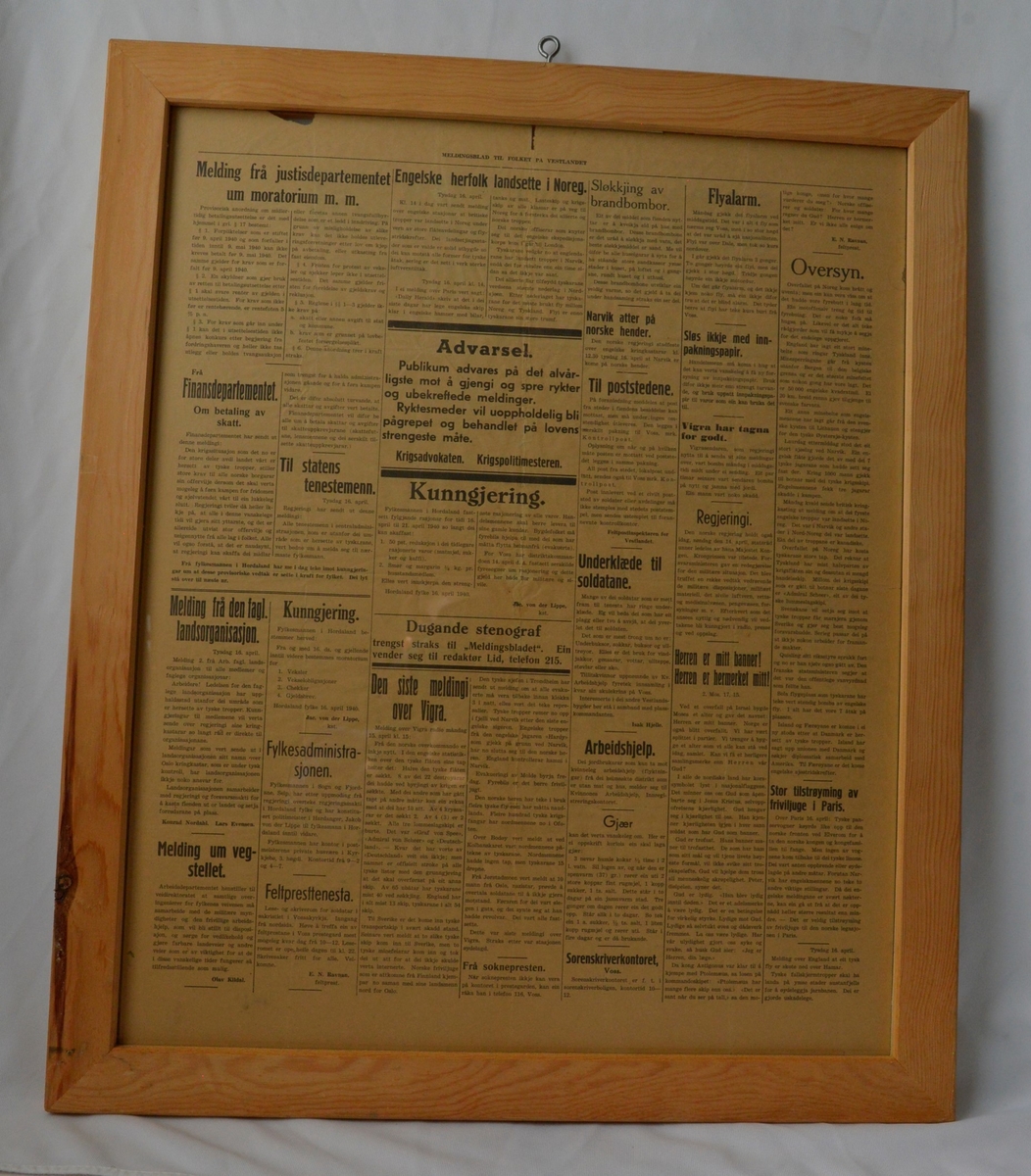 Innrammet meldingsblad fra 17. april 1940.