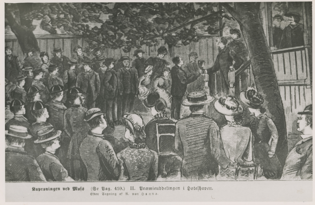 Kapproing i Moss 1882, to tegninger av Albert von Hanno

Bilde 1:
Premieutdeling i Moss Hotels have.
To versjoner. Eks. 1: Beskåret, tekst under. Eks. 2: Fullstendig.

Bilde 2:
Start på roregatta ved Kjellandsvik.