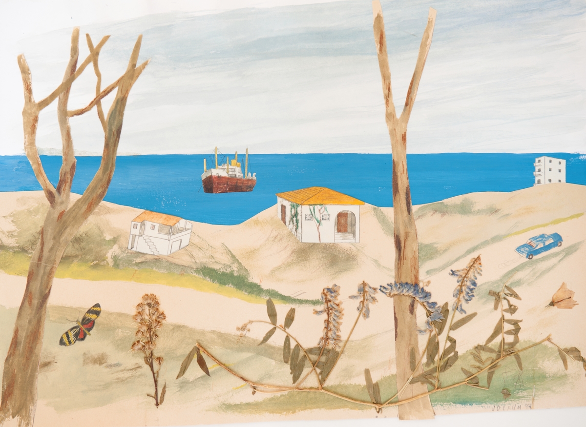 Originalbild. Illustration till uppslag i boken "Sailor och Pekka och söndagen." Större landskapsbild med fartyg och pressade växter.