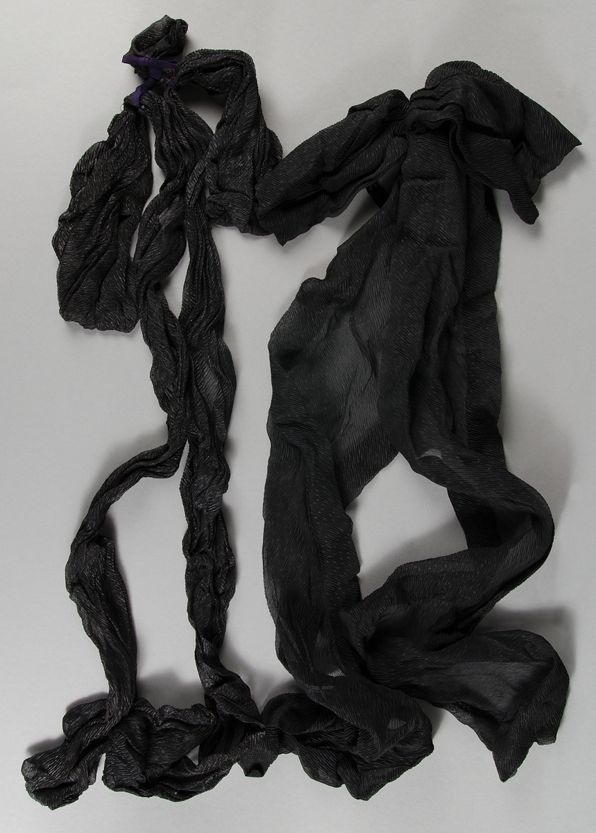 Av flaggblått ylle. Broderat med silke i schattérsöm i ett flertal färger. Moder Svea stående på jordklotet och text: Sveriges Rikssjukkassa Lokalavdelning 32 i Uppsala Stiftad 18 1/12 92. Kantat med blågula snoddar och tofsar. Fodrat med gult ylle. Trästång med svarvade knoppar. Bärstång av trä. Bärbälte av svart läder. Svart sorgflor längd ca 140 cm.