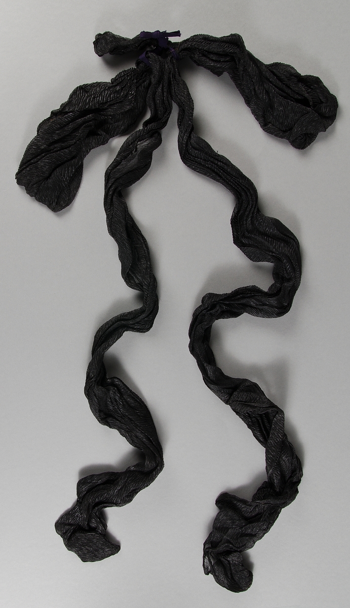 Av flaggblått ylle. Broderat med silke i schattérsöm i ett flertal färger. Moder Svea stående på jordklotet och text: Sveriges Rikssjukkassa Lokalavdelning 32 i Uppsala Stiftad 18 1/12 92. Kantat med blågula snoddar och tofsar. Fodrat med gult ylle. Trästång med svarvade knoppar. Bärstång av trä. Bärbälte av svart läder. Svart sorgflor längd ca 140 cm.