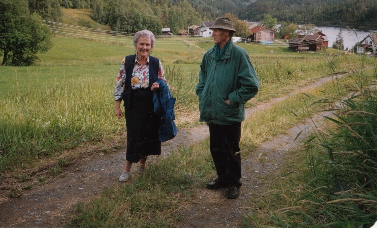 Fotografi av Olav H. Hauge og Halldis Moren Vesaas vandrande langs ein veg. Biletet er frå eit besøk til Midtbø, som er ein gard i Vinje kommune, der Tarjei og Halldis Moren Vesaas hadde sin kunstnarheim frå 1934. (1) I Hauge si dagbok står det den 9. juli 1988: "Um morgonen var me ned på Midtbø. Halldis var der, og ho laga kaffi." (2) Fotografen er ukjend. Biletet vart skanna hos Bodil Cappelen i 2012, og er i Olav H. Hauge-senterets eige. Skanning og innhenting av informasjon vart utført av Eirik Bergesen Dalen.

Kjelder:
(1) https://no.wikipedia.org/wiki/Midtb%C3%B8_(Vinje) (Lesedato: 05.06.2020)
(2) Hauge, O.H. (2000) Olav H. Hauge Dagbok 1924-1994, femte bandet, side 386