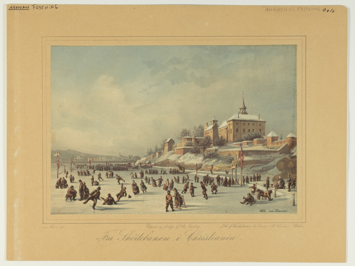 Litografi etter maleri av von Hanno. "Fra Sköitebanen i Christiania". Mennesker på skøyter under Akershus.