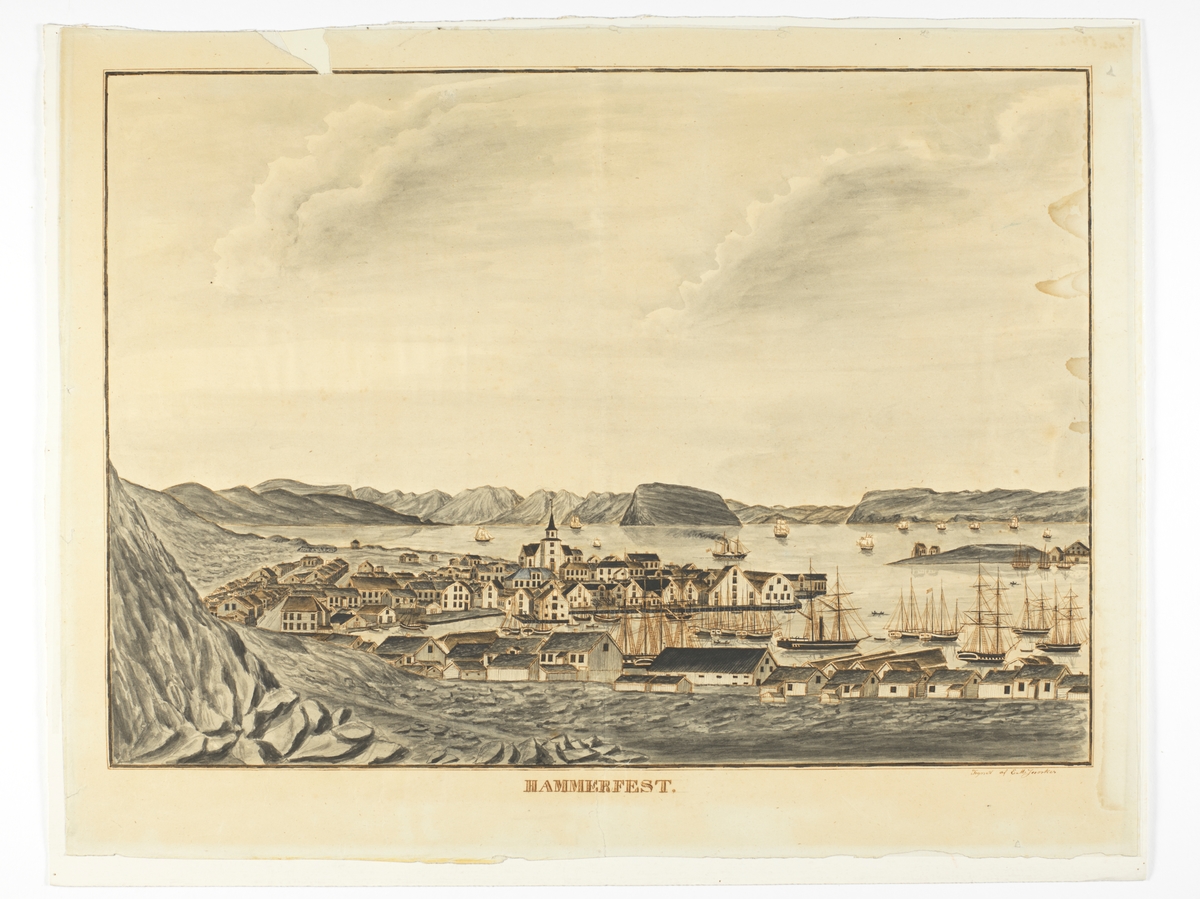 Kystlandskap med bybebyggelse, kirke og seilskuter