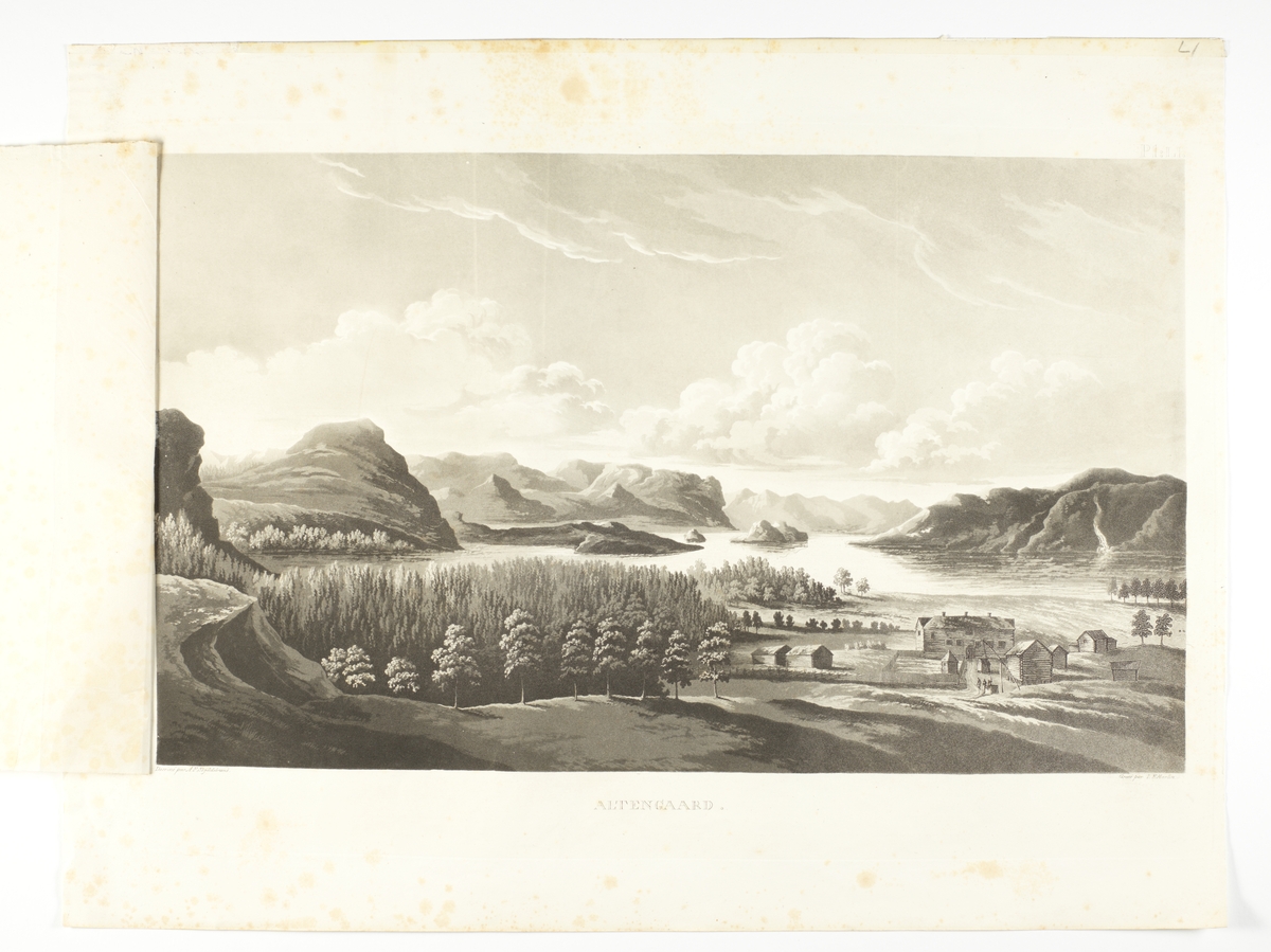 Alta, Finnmark. "Alten Gaard". Fjordlandskap med gårdsbruk.