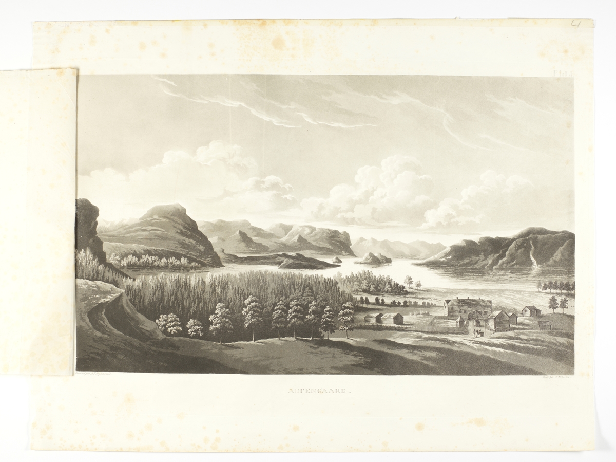 Alta, Finnmark. "Alten Gaard". Fjordlandskap med gårdsbruk.