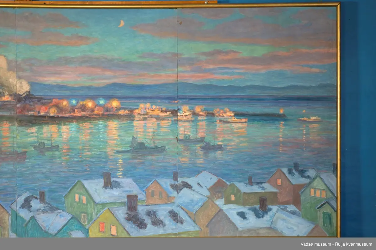 Olje på plate. Usignert. Firedelt panorama over Vadsøya m sildoljefabrikken