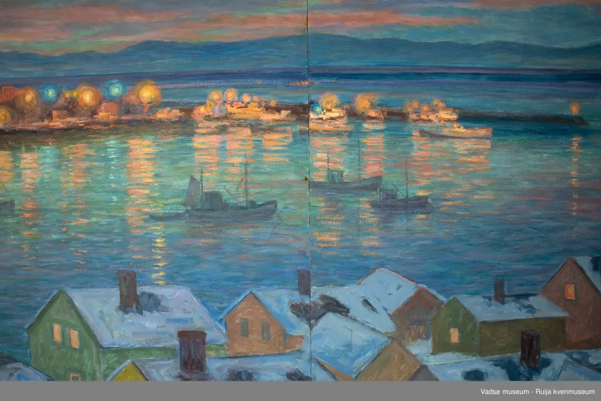 Olje på plate. Usignert. Firedelt panorama over Vadsøya m sildoljefabrikken