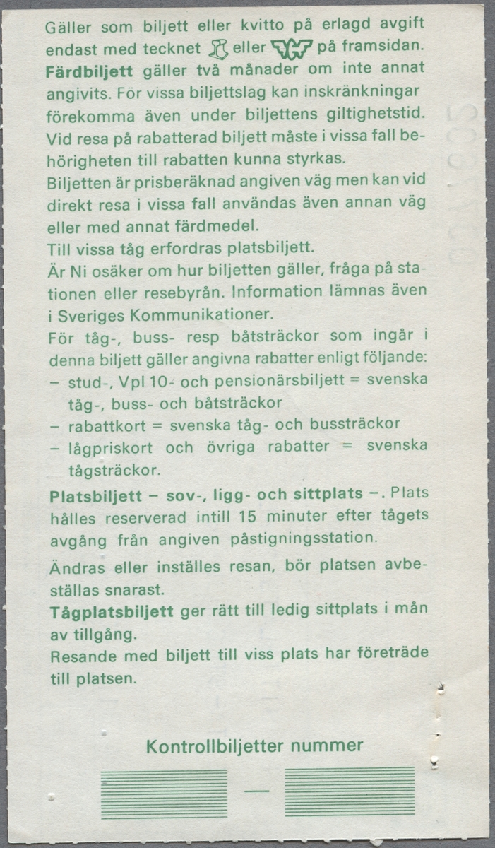 En sittplatsbiljett i 2:a klass med 100% rabatt, för sträckan Alvesta till Stockholm C. Avgångstiden är 09.05 och ankomsttiden är 13.44. Biljettens pris är 0 kronor. På baksidan finn reseinformation i grön text.
Det andra bladet är ett bevis för avbeställning, en sittplats som är avbokad 1981-04-10 klockan 17.15. På baksidan finns reseinformation i grön text.
 Det tredje bladet är en en sittplatsbiljett i 2:a klass för sträckan Alvesta till Stockholm. Med kulspetspenna är biljetten överkryssad. På baksidan finns reseinformation i grön text.