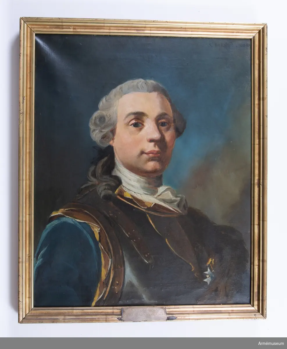 Oljemålning. Kopia av porträtt föreställande fältmarskalken Augustin Ehrensvärd (1718-1772) utförd av fd kaptenen C. Hellström efter original i ätten Ehrensvärds ägo. Porträttet föreställer Ehrensvärd framifrån i harnesk, pälsverk och ordensstjärna. Huvudet bart. Förgylld enkel listram.