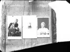 Fotografi av tre små kabinettsfotografier som sitter fästa på en trävägg. Bilderna till vänster och höger visar Ester Grönberg.