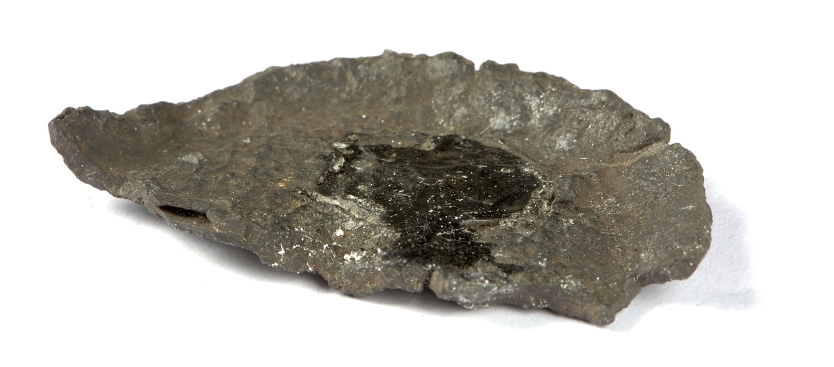 Ett fragment från ett oidentiferat föremål i järn bestående av en halvcirkelformad platta i järn.