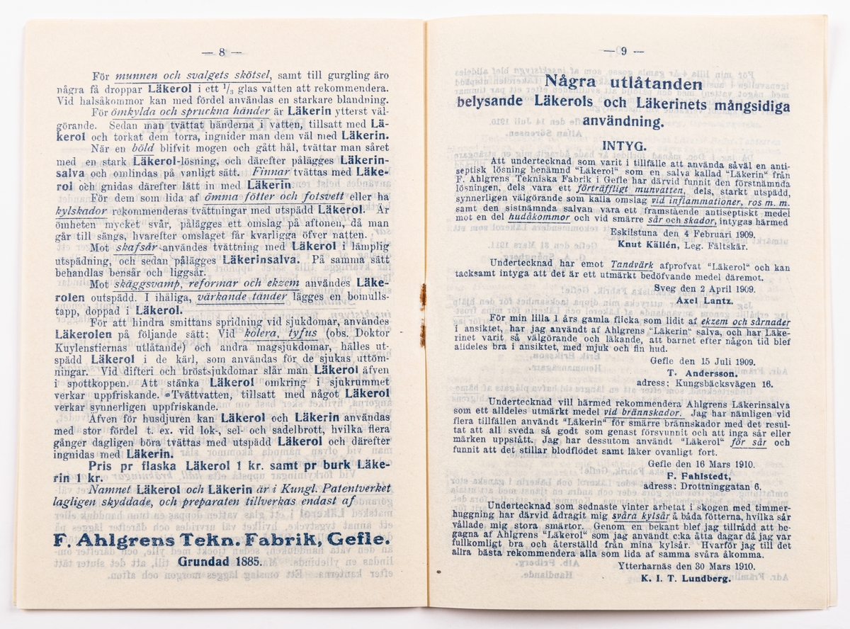 Tryckt bruksanvisning från 1909 för Läkerols flytande antiseptiska medel och Läkerins hud- och sårmedel.