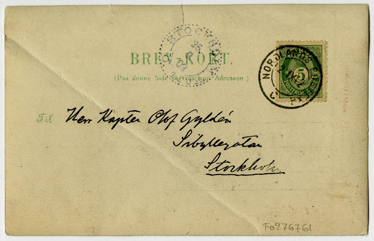Vykort signerat 21/9 1902 ombord på expeditionsfartyget Antarctic skickat till kapten Olof Gyldén.