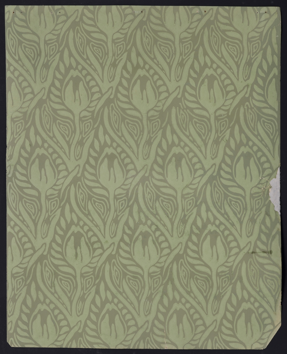 Tapetprøve med stilisert tulipanmønster.