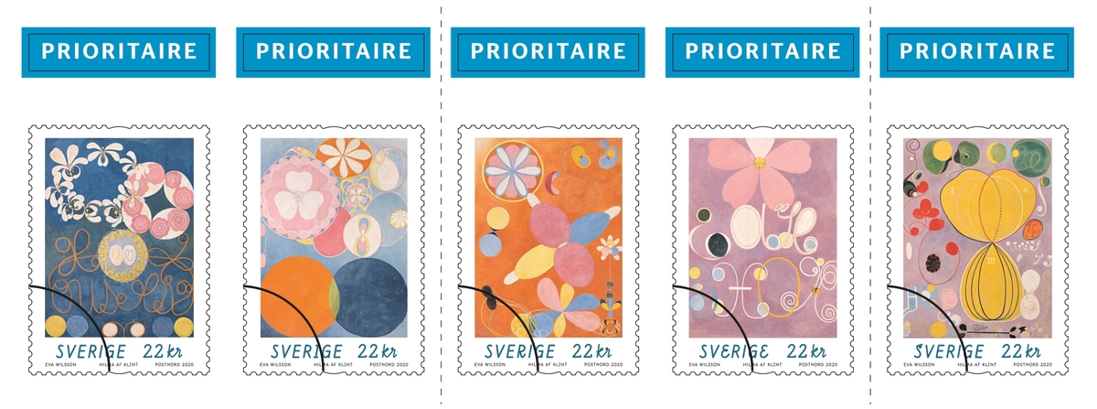 Frimärken i häfte med fem motiv självhäftande frimärken med valör 22 kr. Målningarna kallas "De tio största" och beskriver människans levnadslopp från barndom till ålderdom. Tavlorna är stora med ca. måtten  2,40 x 3,20 meter som hon målade 1907. Från vänster i bild nr. 1 Barnaåldern, nr. 2 Barnaåldern, nr. 4 Ynglingaåldern, nr. 5 Mannaåldern, nr. 7 Mannaåldern.