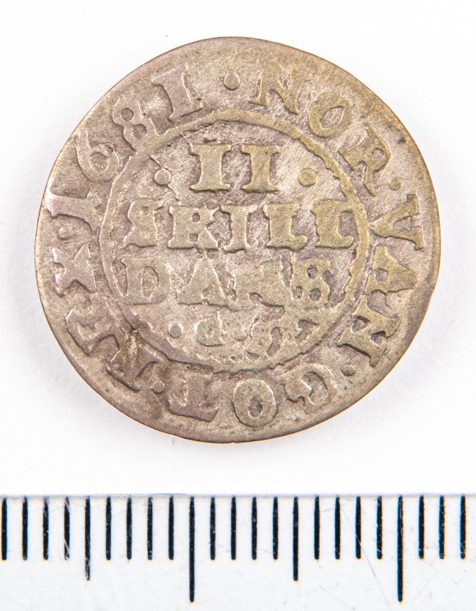 Mynt, Danmark, 1681, 2 Skilling.
