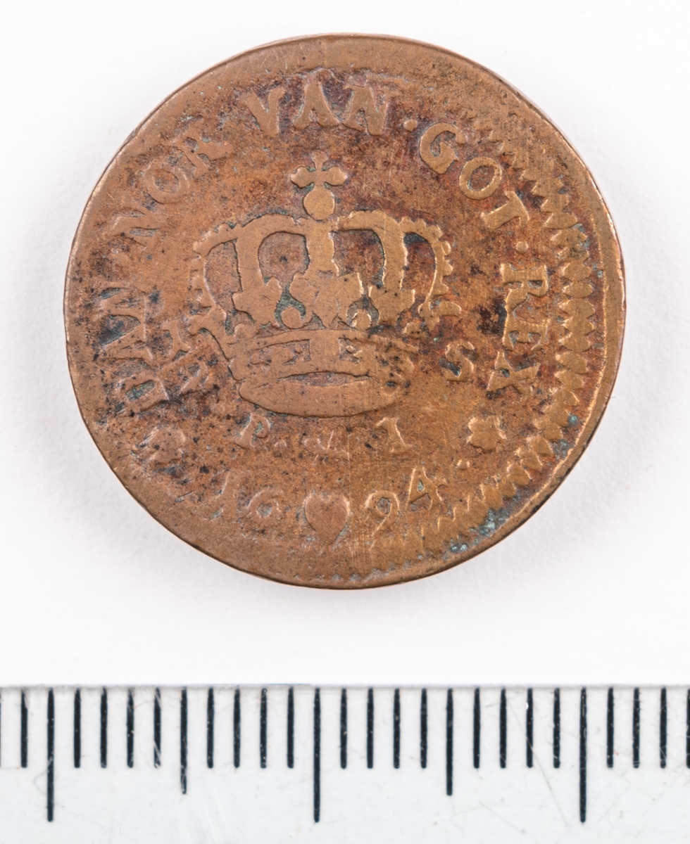Mynt, Danmark, 1694, ½ Skilling.