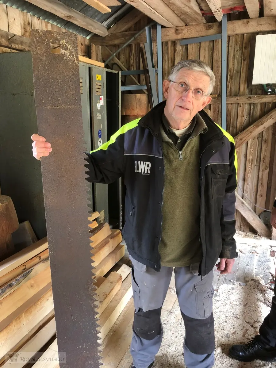 Valset og smidd sagblad for oppgangssag med 41 tenner. Et påklinket endestykke med et firkantet, gjennombrutt hull, og et som går i ett med sagbladet, med et rundt hull.