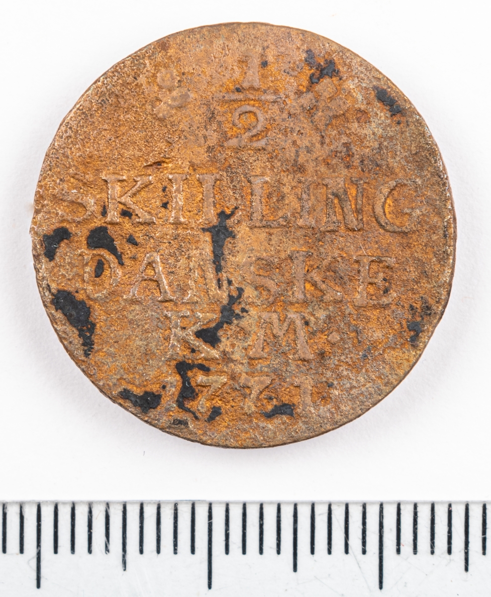 Mynt, Danmark, 1771, ½ Skilling.
