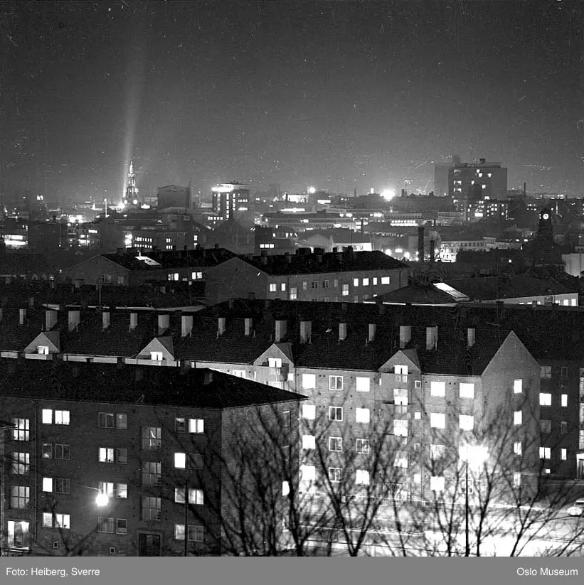 utsikt, boligblokker, bygårder, by, nattemørke