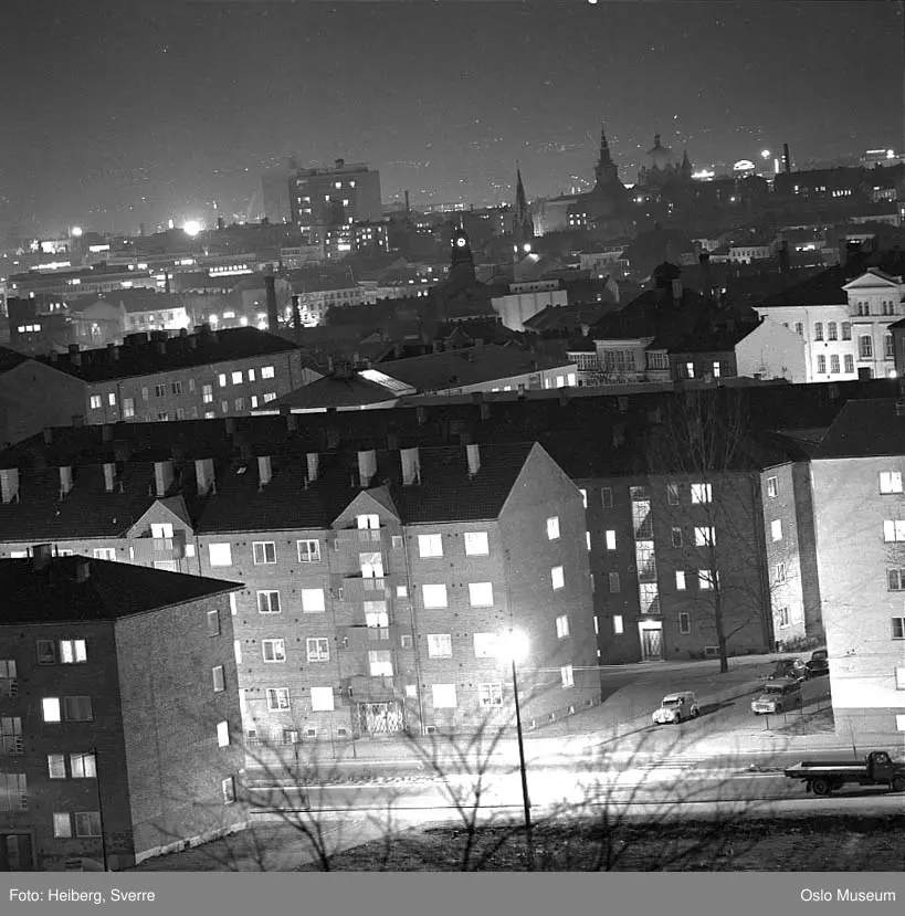 utsikt, boligblokker, bygårder, by, nattemørke