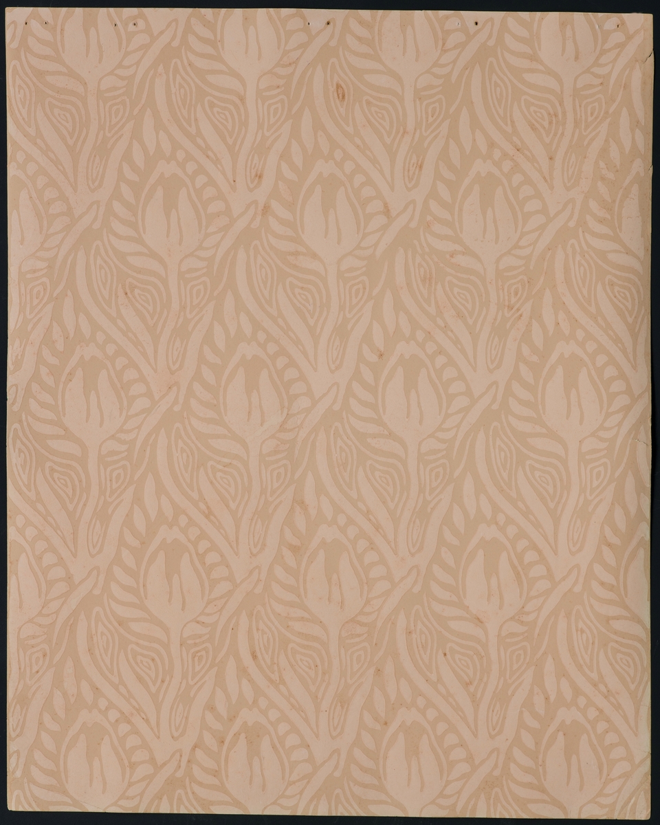 Tapetprøve med stilisert tulipanmønster.
