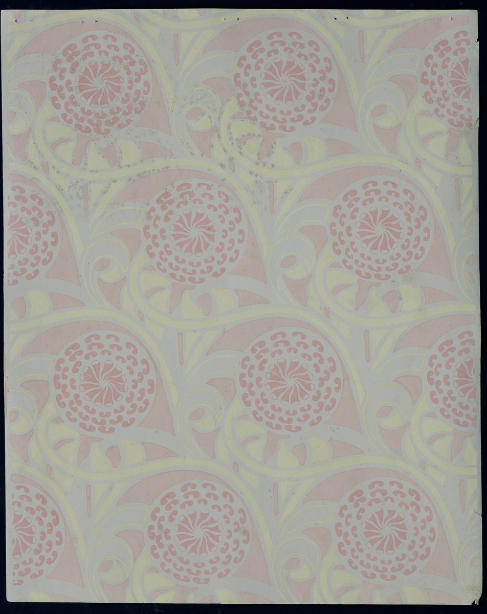 Tapetprøve med et mønster av stiliserte planteslynger med Georginer (Dahlia).