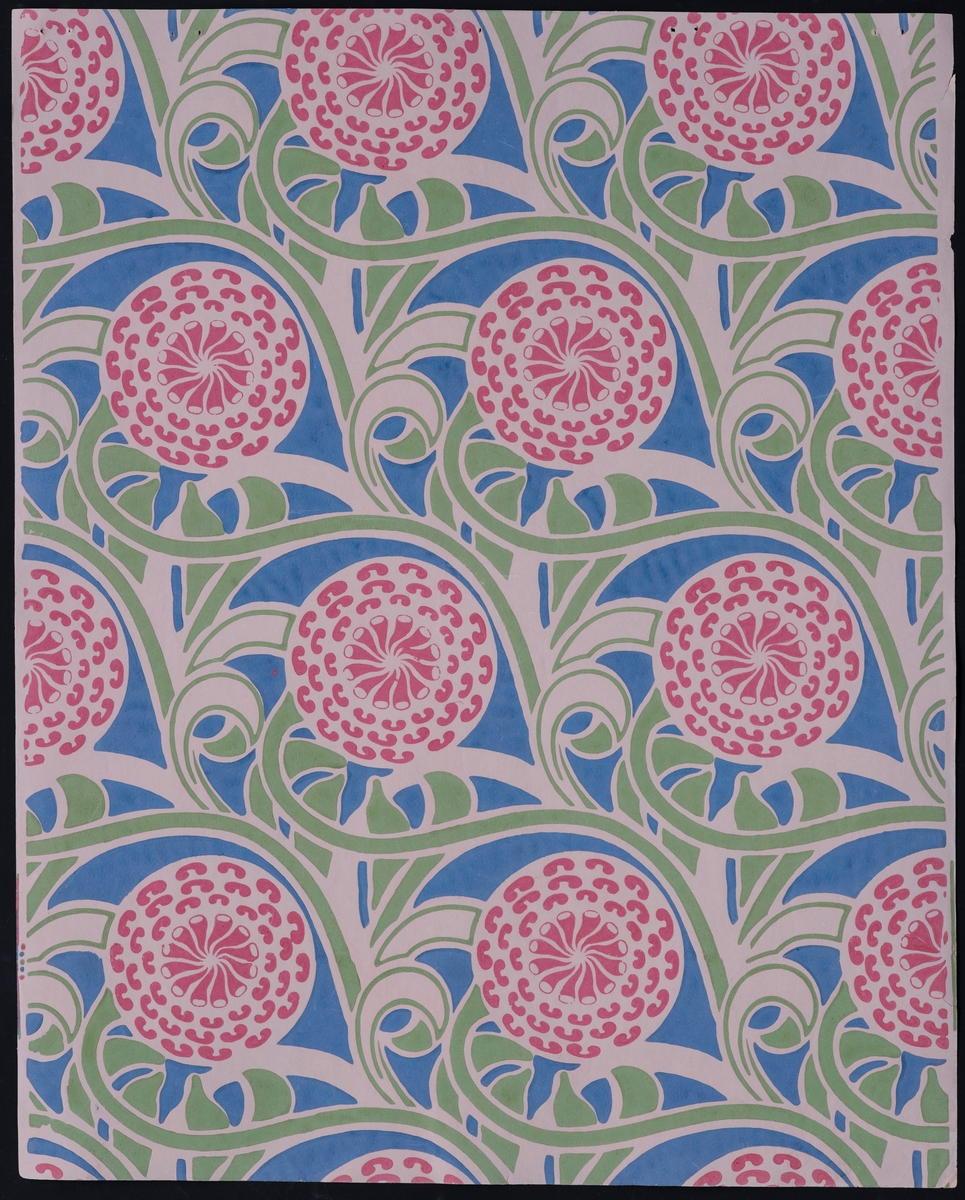 Tapetprøve med et mønster av stiliserte planteslynger med Georginer (Dahlia).
