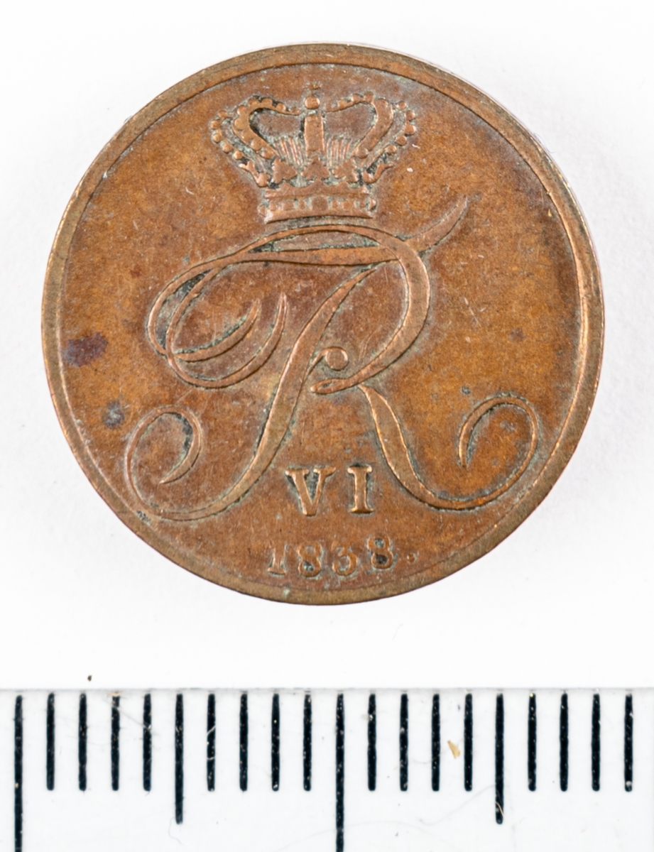 Mynt, Danmark, 1838, ½ Skilling.