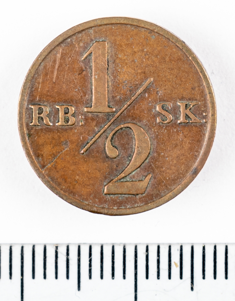Mynt, Danmark, 1838, ½ Skilling.