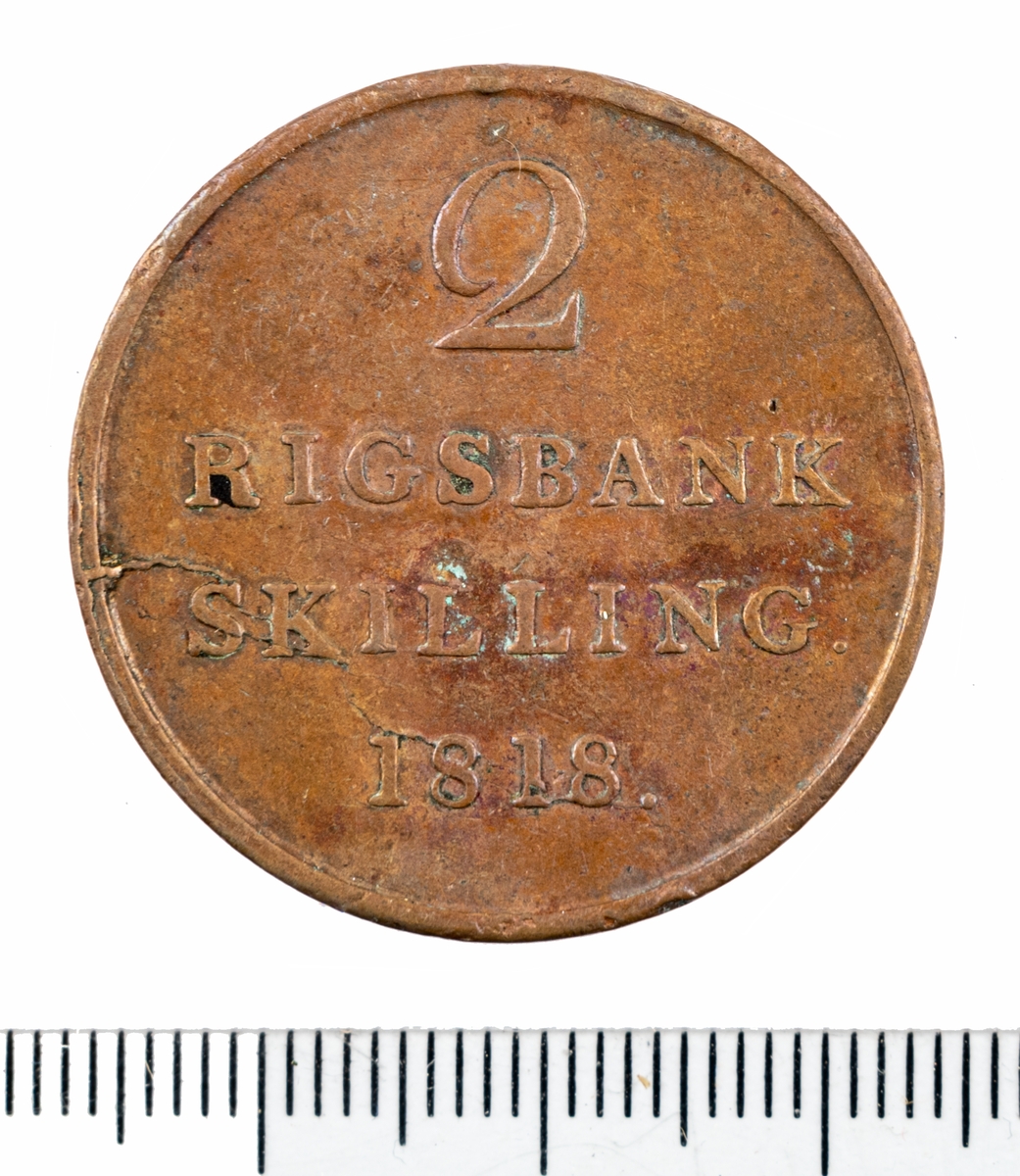 Mynt, Danmark, 1818, 2 RB.Sk./ rigsbankskilling.