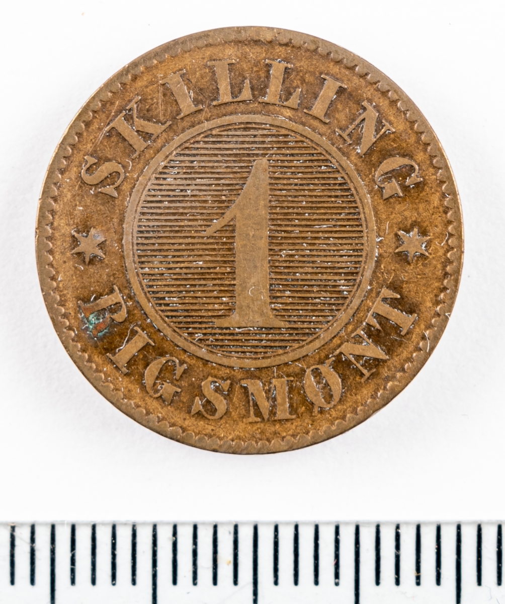 Mynt, Danmark, 1860, 1 Skilling.