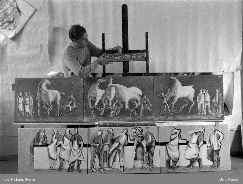 atelier, interiør, mann, billedkunstner, maler, malerier, staffeli