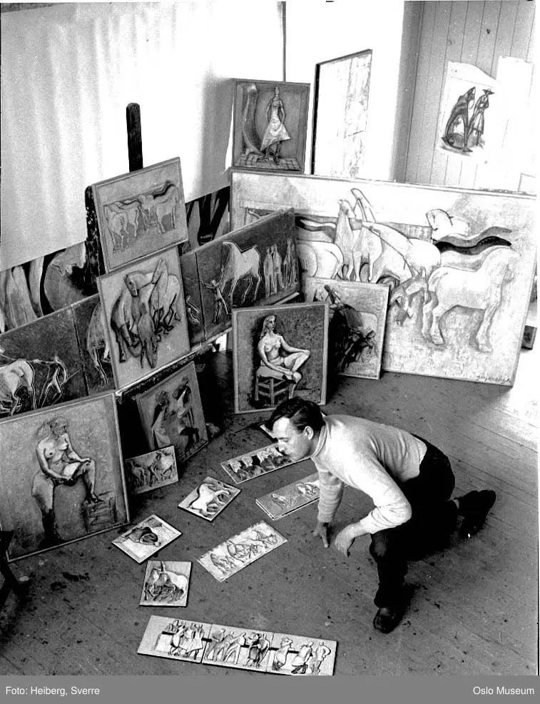 atelier, interiør, mann, billedkunstner, maler, malerier