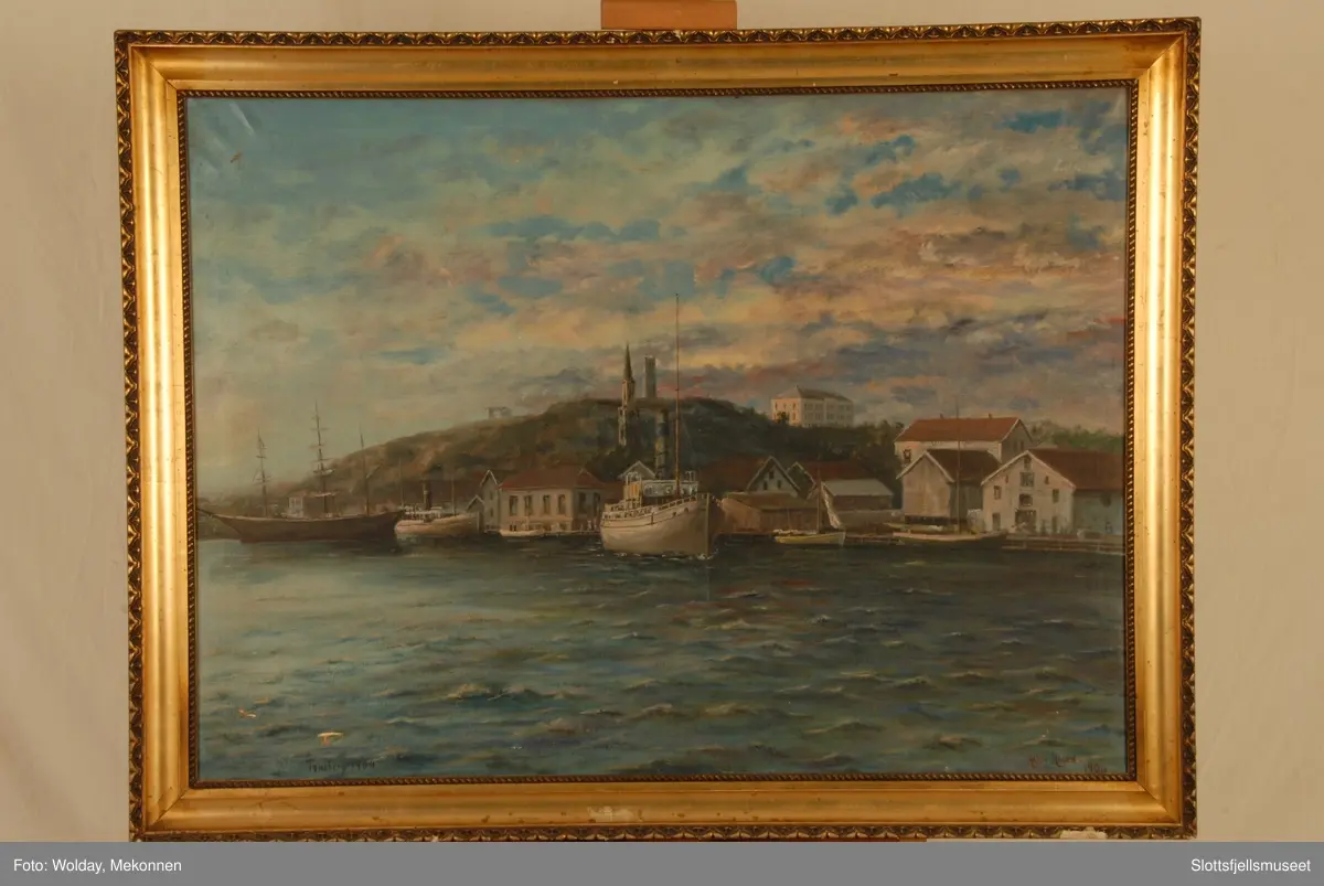 Motiv fra Tønsberg. Slottsfjellet sett fra sjøen. Seilskip og dampskip som ligger ved brygga.