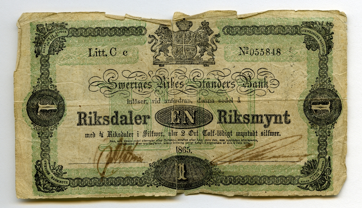 1 riksdaler riksmynt 1865 Karl XV.

Litt. C  No: 55848