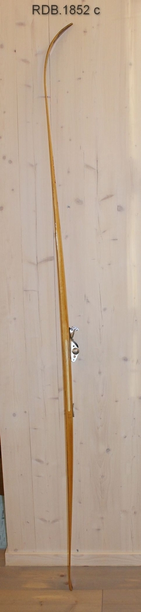 Tilnærmet jevnbred ski med svært liten bue. Bøy uten tupp. Tilspisset brett. Bakende litt oppbøyd. Rottefella hælstøtte med tagger. Rottefella binding.
Dekorert med ei brun stripe på trehvit bunn.

Skiet har flere stempel etter skisesongen 1974.