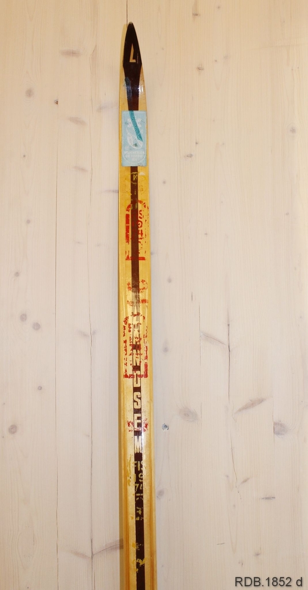Tilnærmet jevnbred ski med svært liten bue. Bøy uten tupp. Tilspisset brett. Bakende litt oppbøyd. Rottefella hælstøtte med tagger. Rottefella binding.
Dekorert med ei brun stripe på trehvit bunn.

Skiet har flere stempel etter skisesongen 1974.