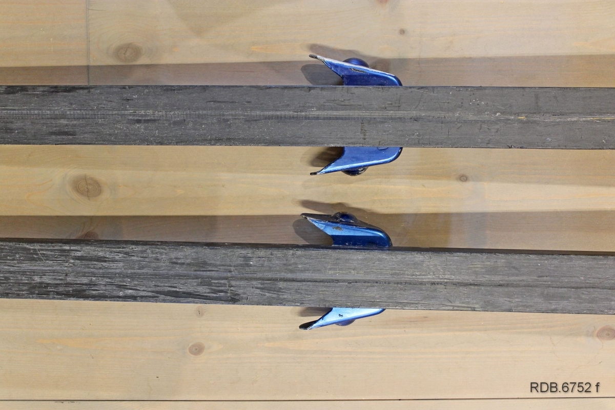 Et par Troll-ski, glassfiberski med trekjerne. Skiene er kvite med blå og røde dekorstriper og kvit påskrift. Skiene er jevnbrede men lett avfaset mot bakenden. Høg og spiss brett. Svarte sider og svart underside med ei egle. Påmontert blå Rottefellabindinger og kvit hælstøtte.