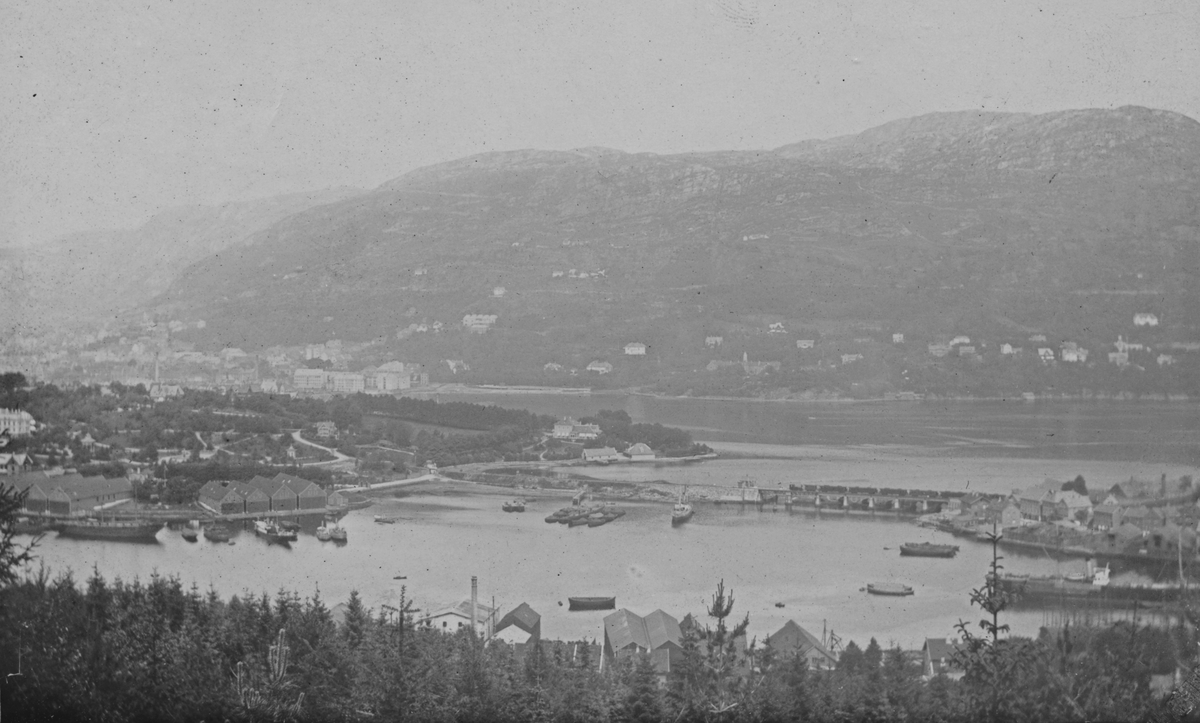 Bergen. Utsikt mot Nygård og Store Lungegårdsvann. Jernbanetog på broen, ca. 1897. Fotograf: K. Bing.