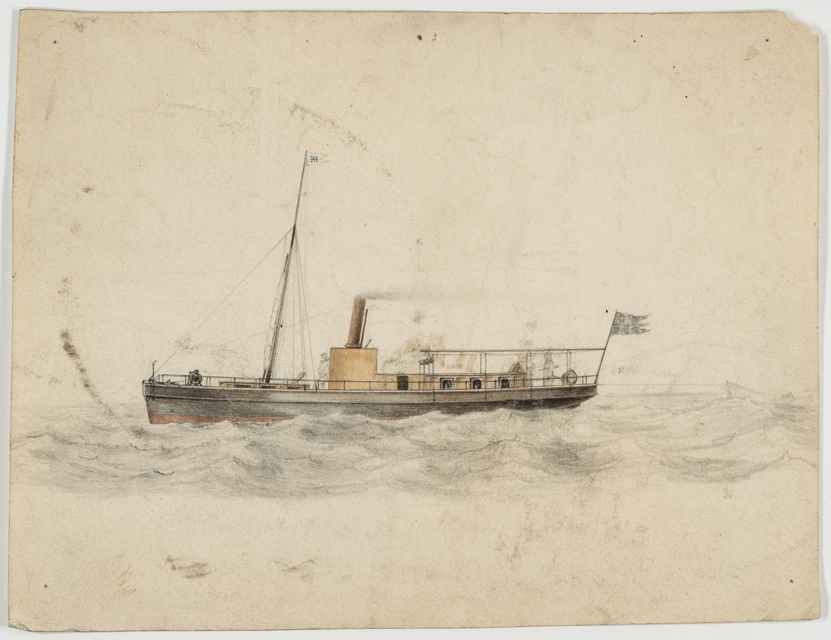 Delvis kolorert blyant- og pennetegning av skip.