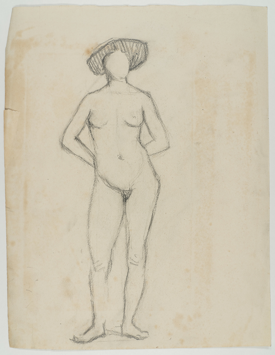 Skisse/ croquistegning av stående kvinne med hendene på ryggen. På andre siden av arket skisse/ croquistegning av kvinne  stående med ryggen til.