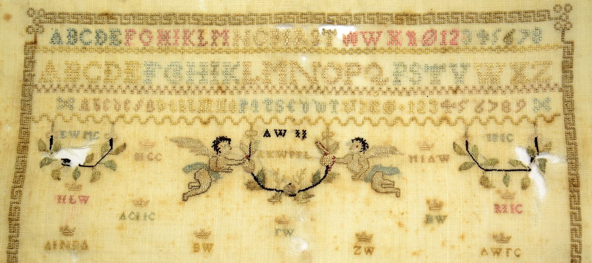 Navneduk. Navnedug fra 1787 med slægtregister over slægten Anna Winther og Jochum Jørgensen. Navneduken med bokstavrækker, figurer, hus, trær o.l i mange farver. Genealogisk forklaringer av Christi paa papirstrimler ved sidene. Fra protokoll.