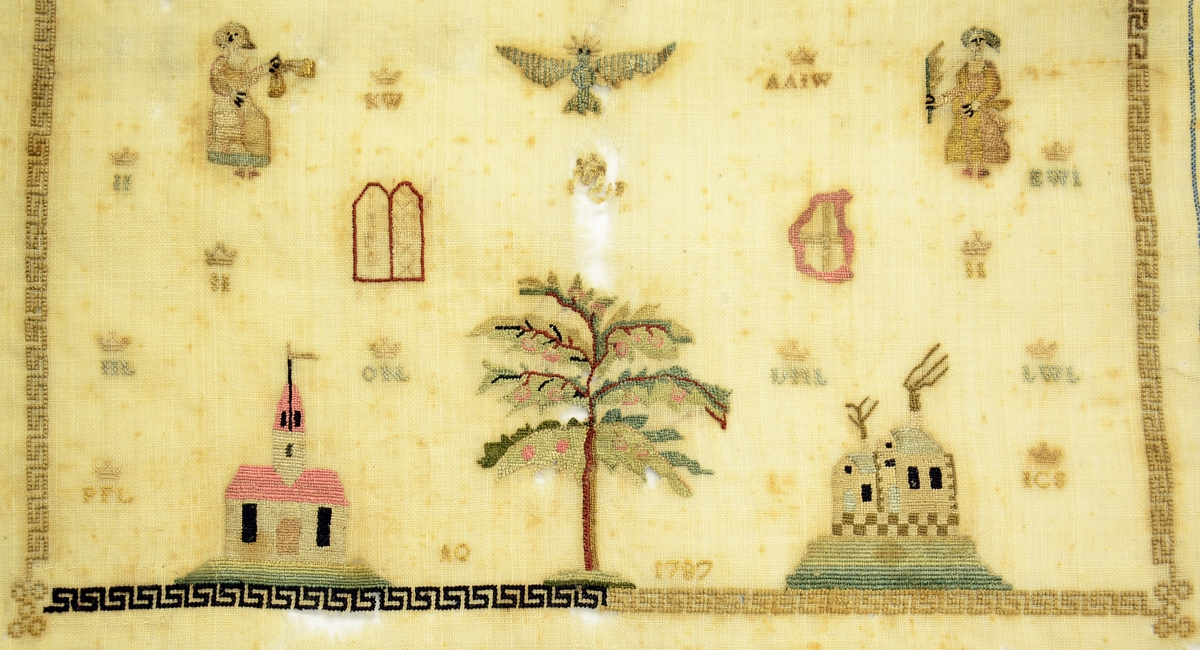 Navneduk. Navnedug fra 1787 med slægtregister over slægten Anna Winther og Jochum Jørgensen. Navneduken med bokstavrækker, figurer, hus, trær o.l i mange farver. Genealogisk forklaringer av Christi paa papirstrimler ved sidene. Fra protokoll.