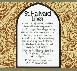 St.Hallvard-likør. 42.5 vol %.  A/S Vinmonopolet. Baksideeti